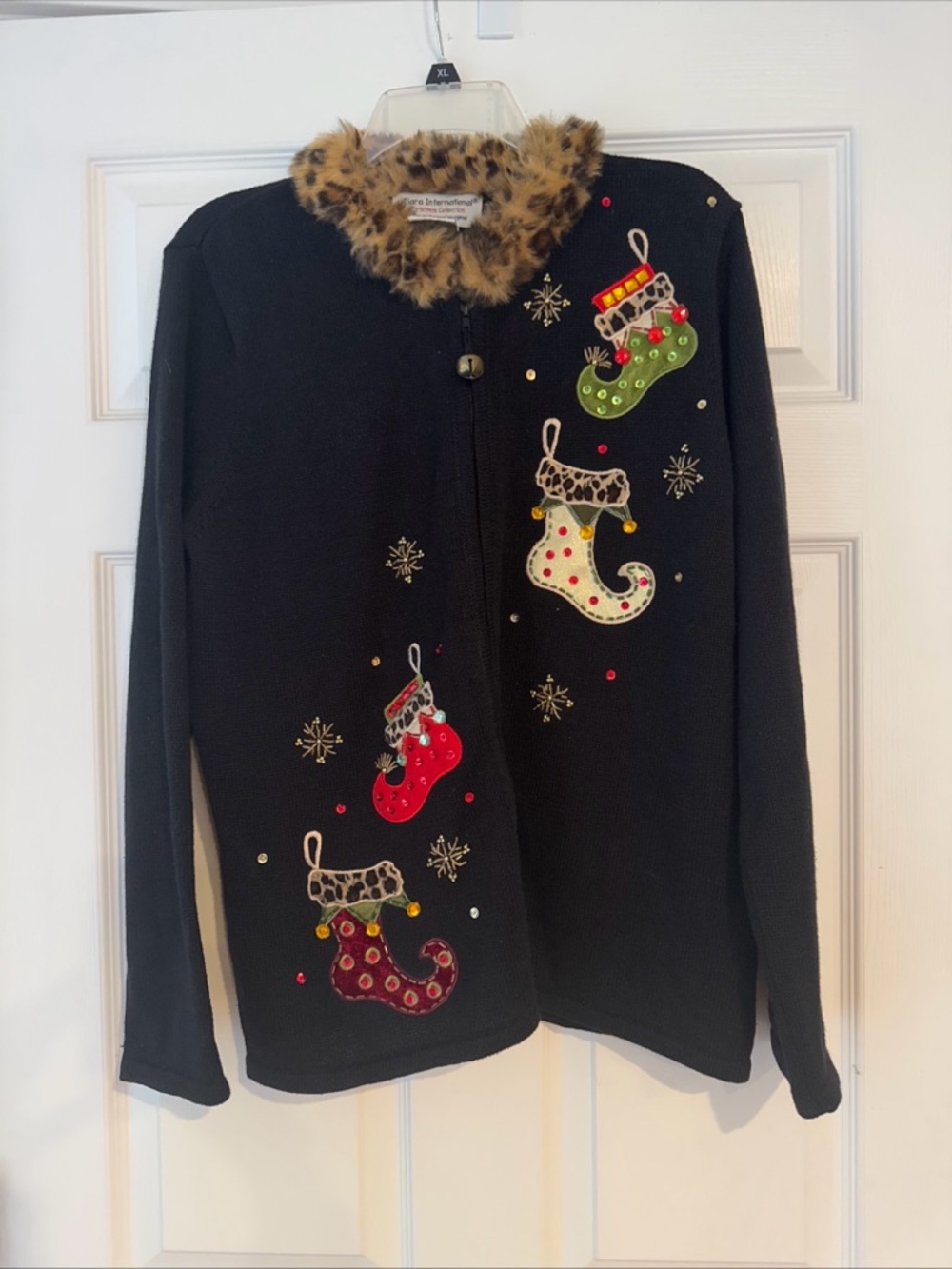 Black Holiday Stocking Embellished Sweater with Faux Fur Collar